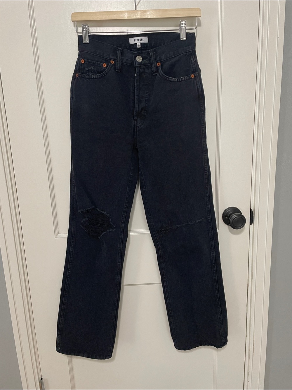 Re/Done Men's Black Straight Jeans with Knee Distress